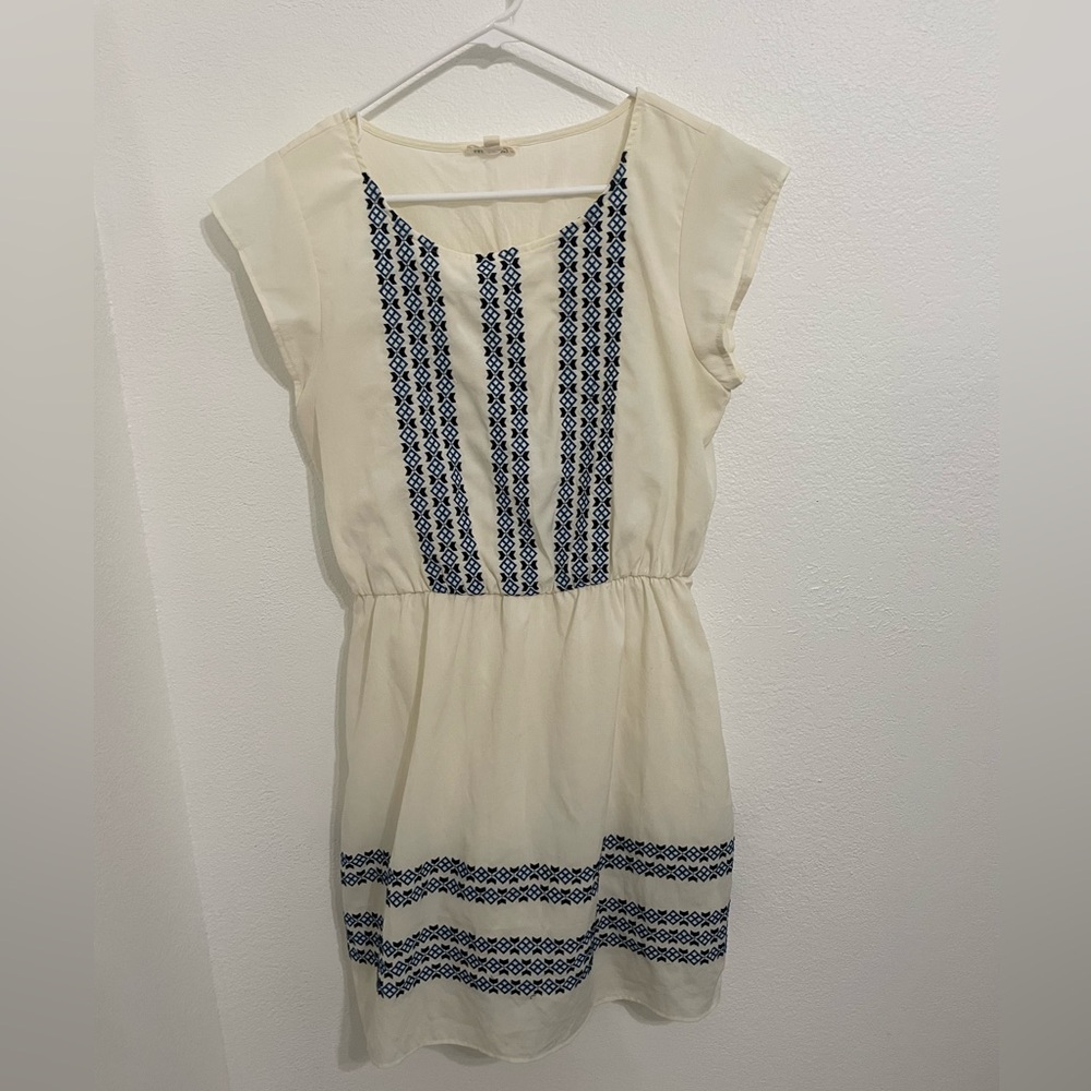 White and blue embroidered mini dress, Size M
